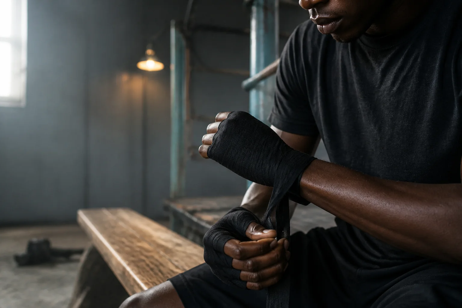 A Black boxer methodically wrapping his hands before training