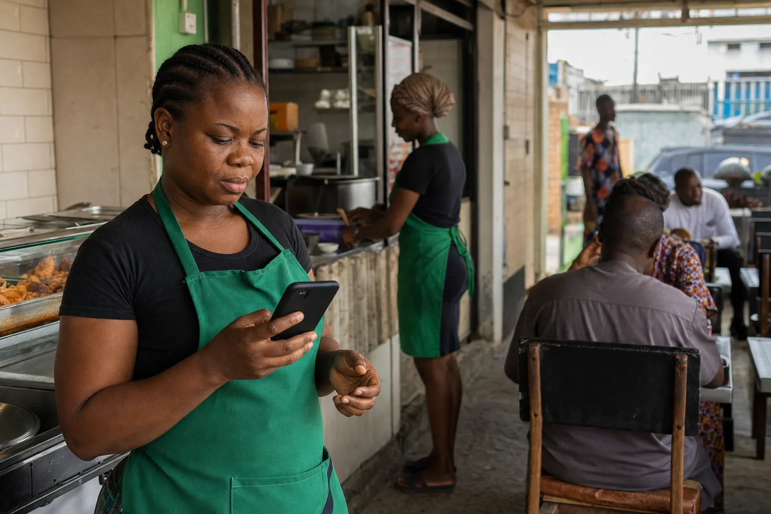 A Nigerian restaurant owner checking the phone already used to run the business